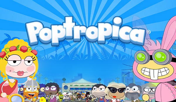 Poptropica characters standing around Poptropica logo